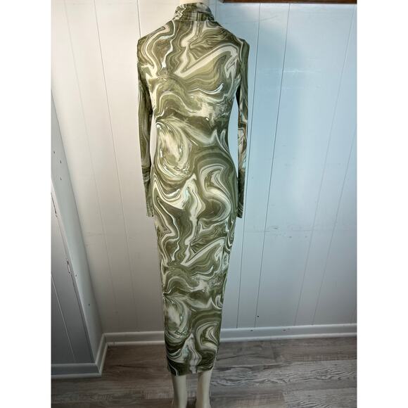 AFRM LOS ANGELES Marni Turtleneck Long Sleeve Mesh Dress In Sage Swirl Size M - Picture 4 of 6